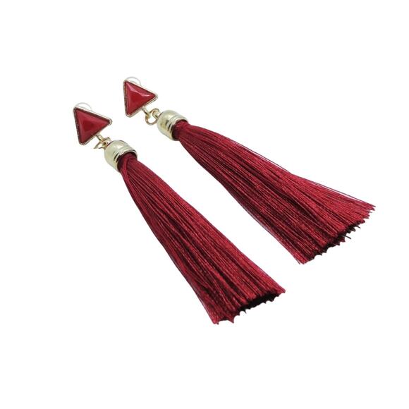 Zara Red Triangle Stud Tassel Earrings - Picture 2 of 4